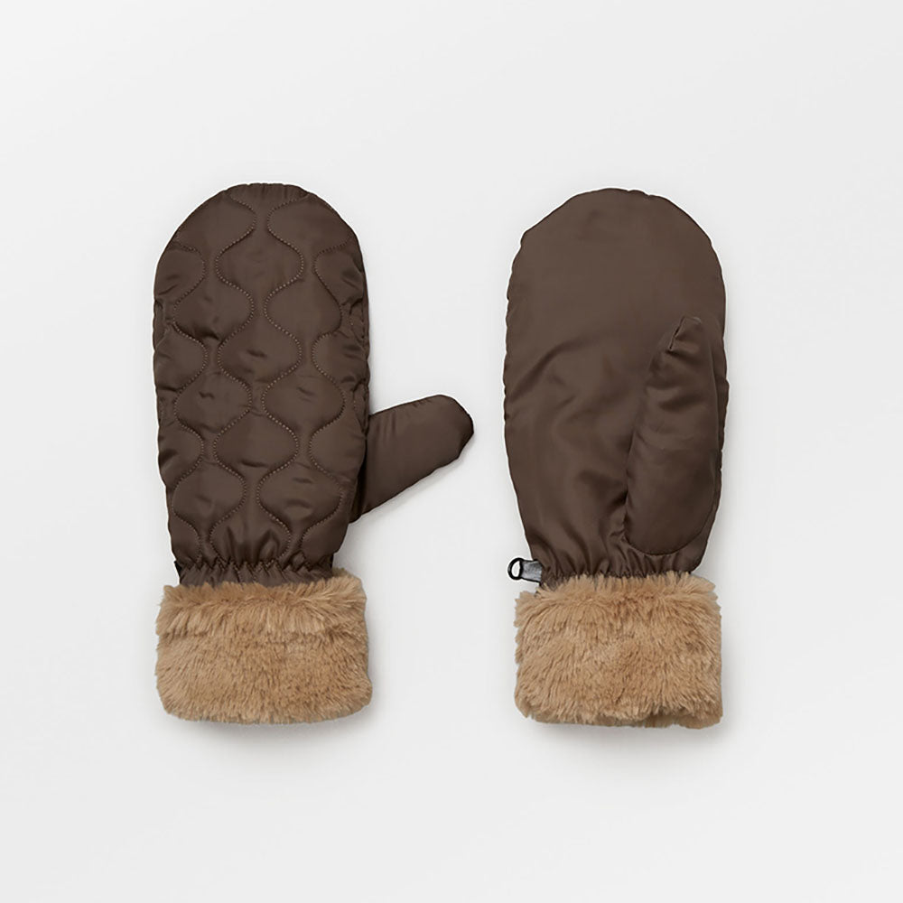 brown quilted polyester mittens with faux fur lining