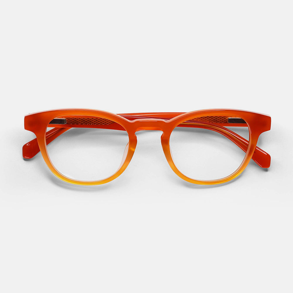 orange to yellow fade reading glasses made by Eyebobs