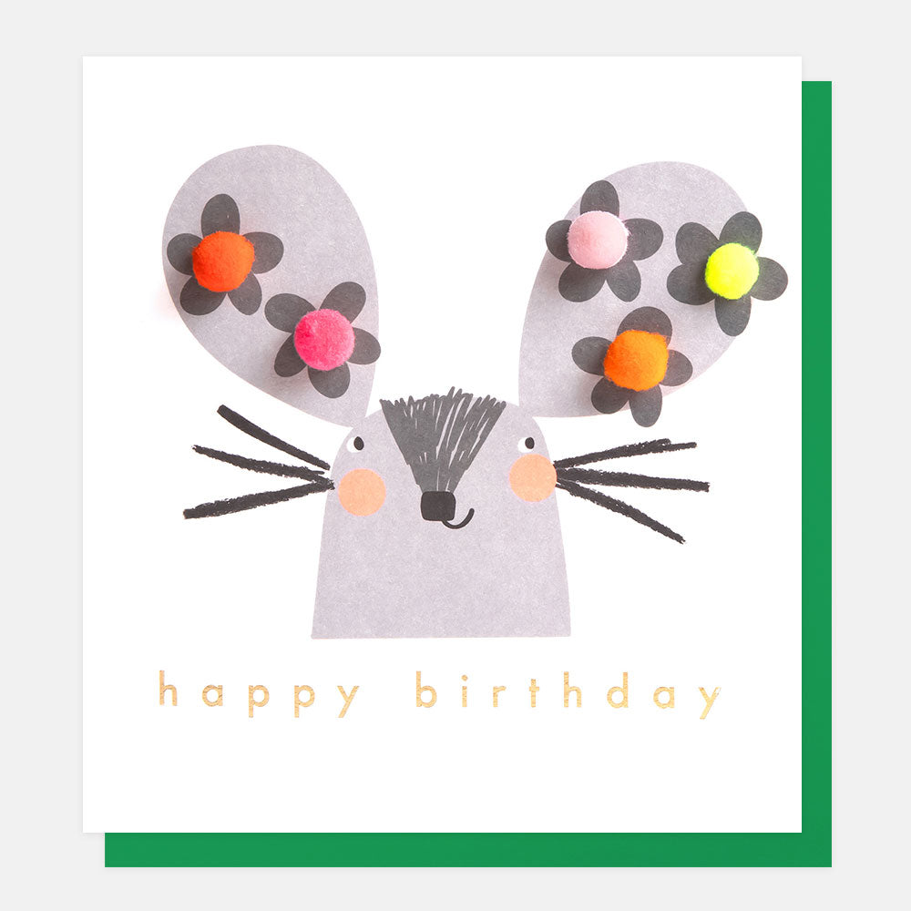 mouse with mini pompom flowers on ears happy birthday card