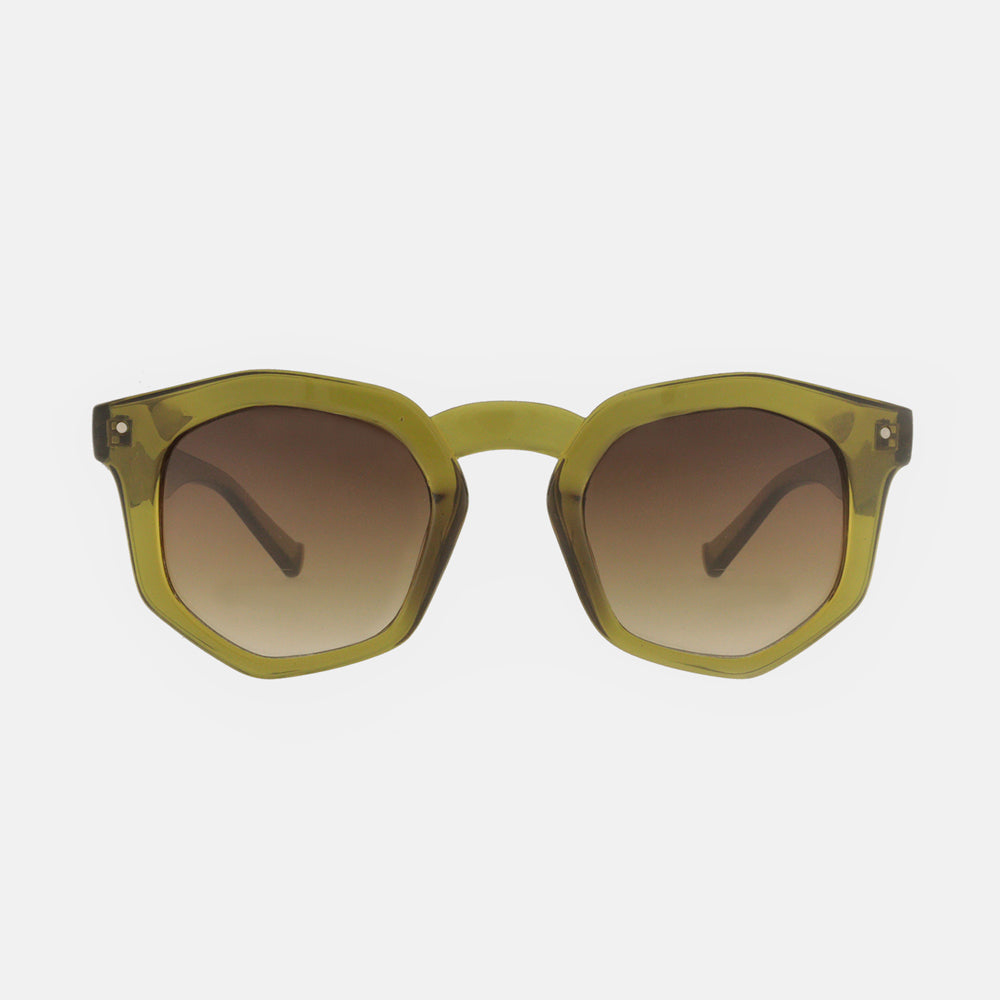 green Audrey hexagonal sunglasses with brown uv protective lenses