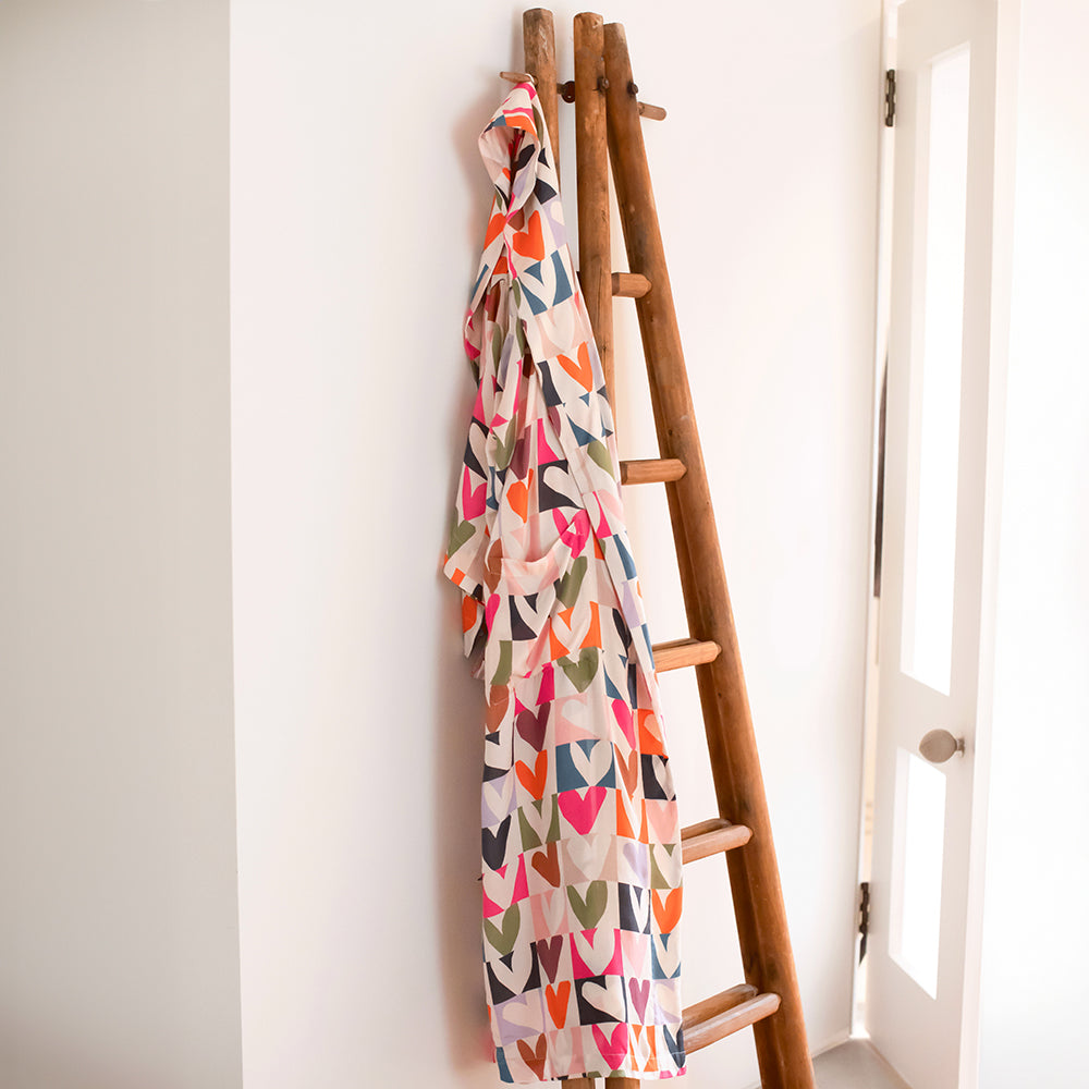 women's multi colour checkerboard heart print viscose dressing gown