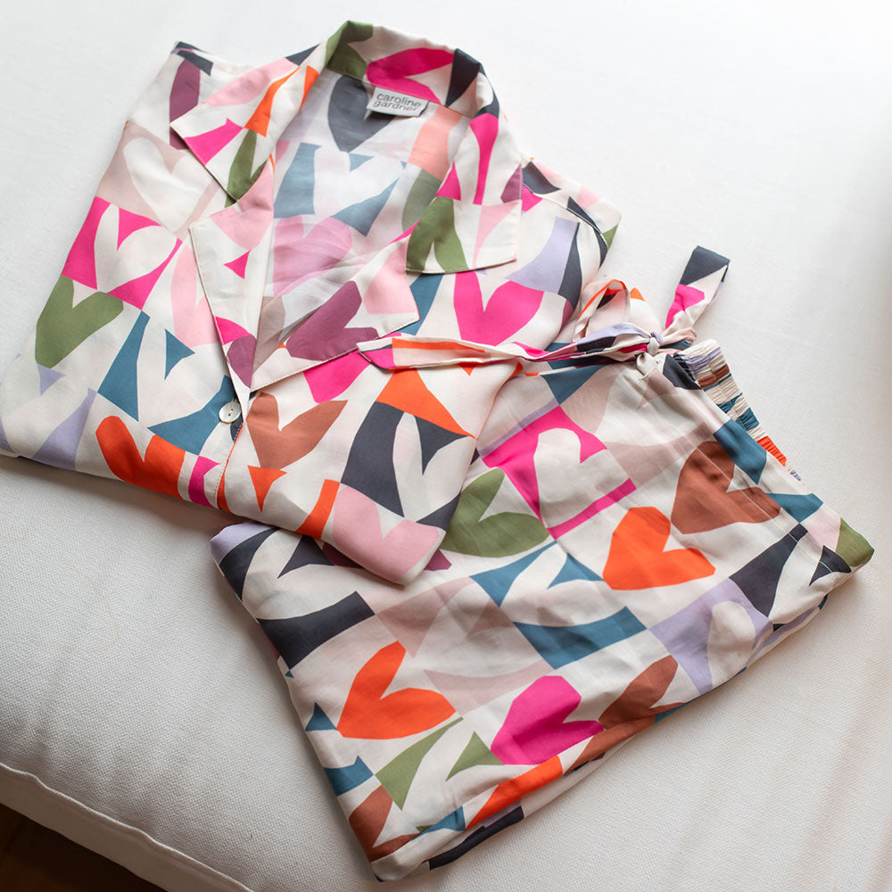 women's multi-checkmate heart print straight leg pyjama trouser & long sleeved shirt