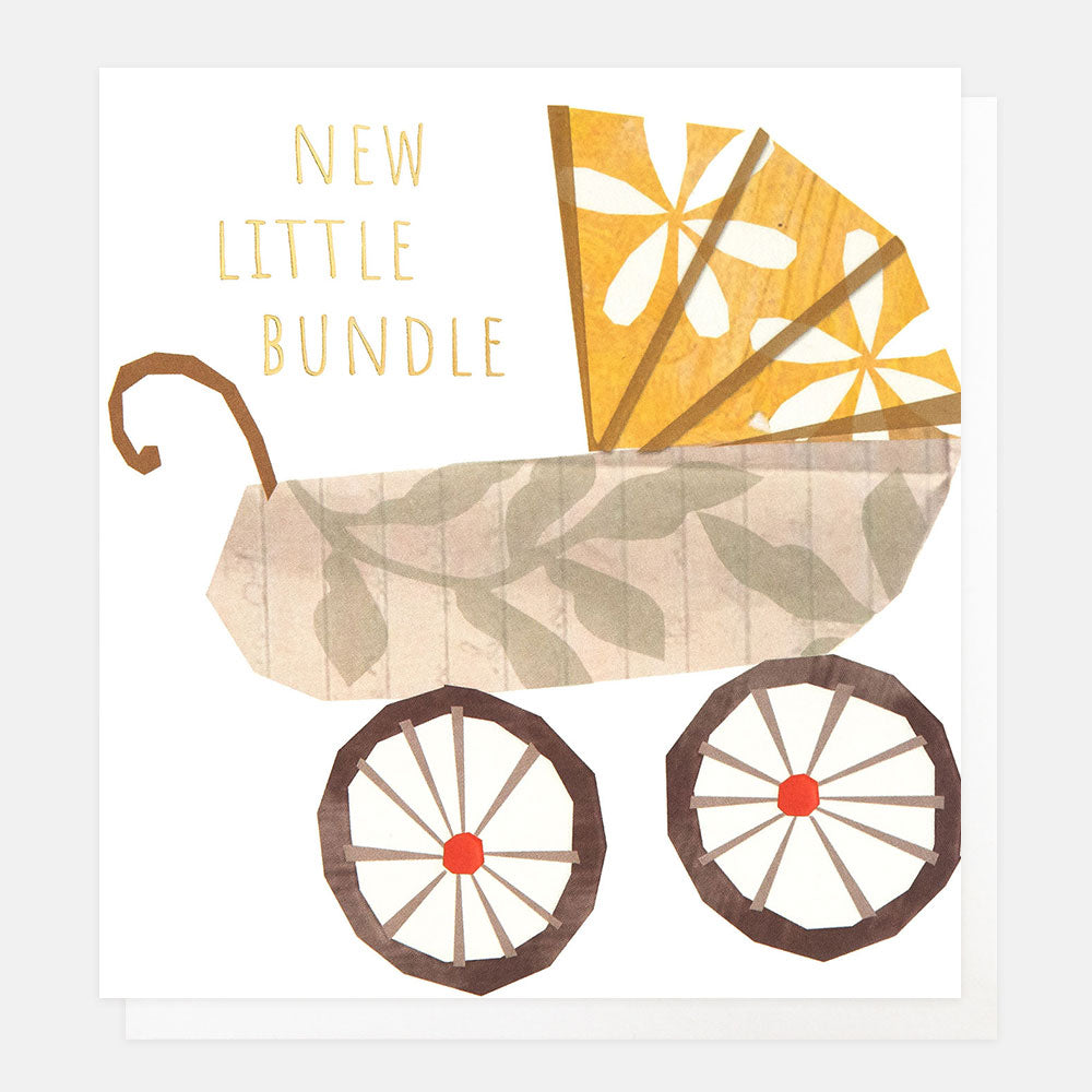 new baby card featuring a pram with a yellow canopy with white flower print and the words 'new little bundle'