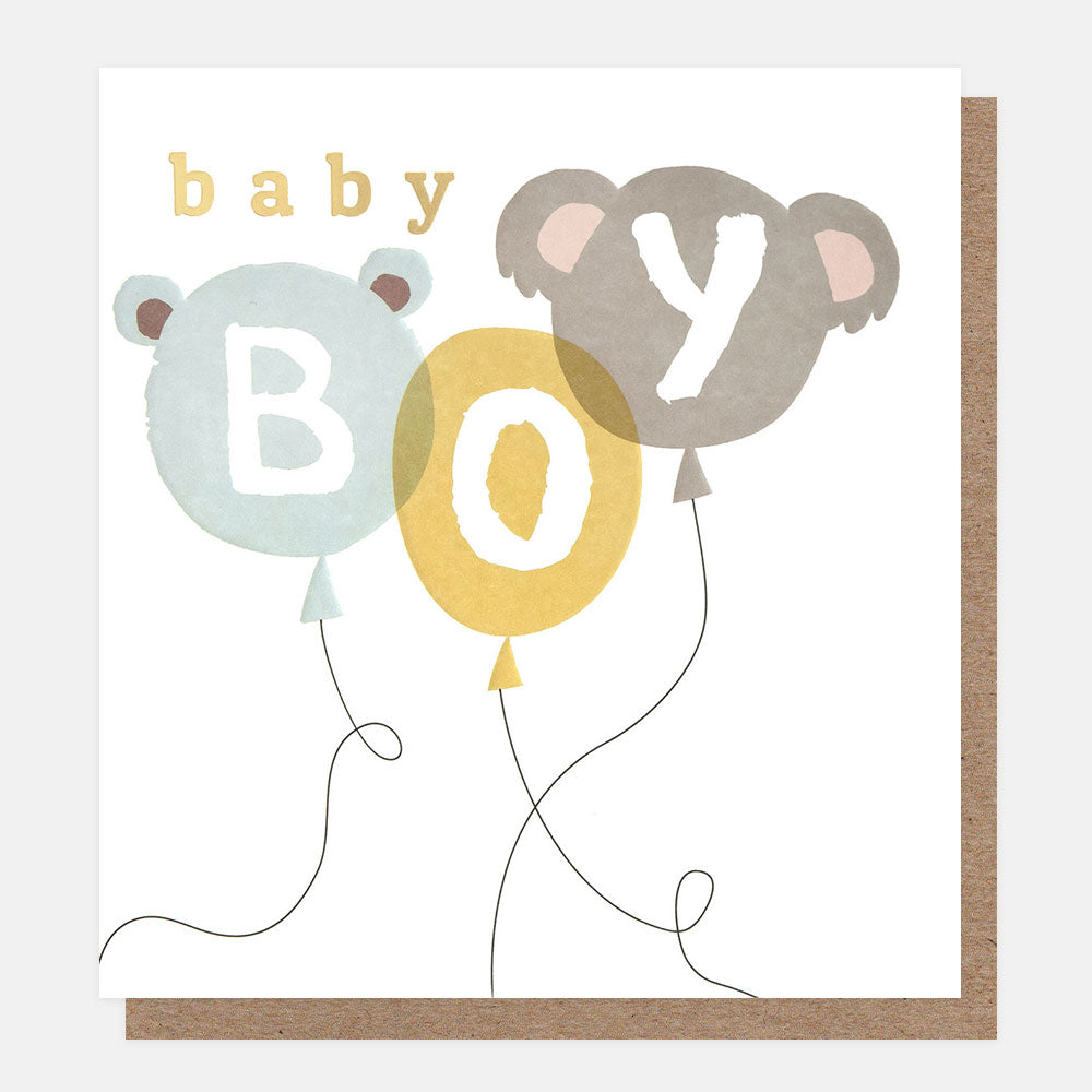 new baby boy card featuring balloons in the shape of a bear and a koala
