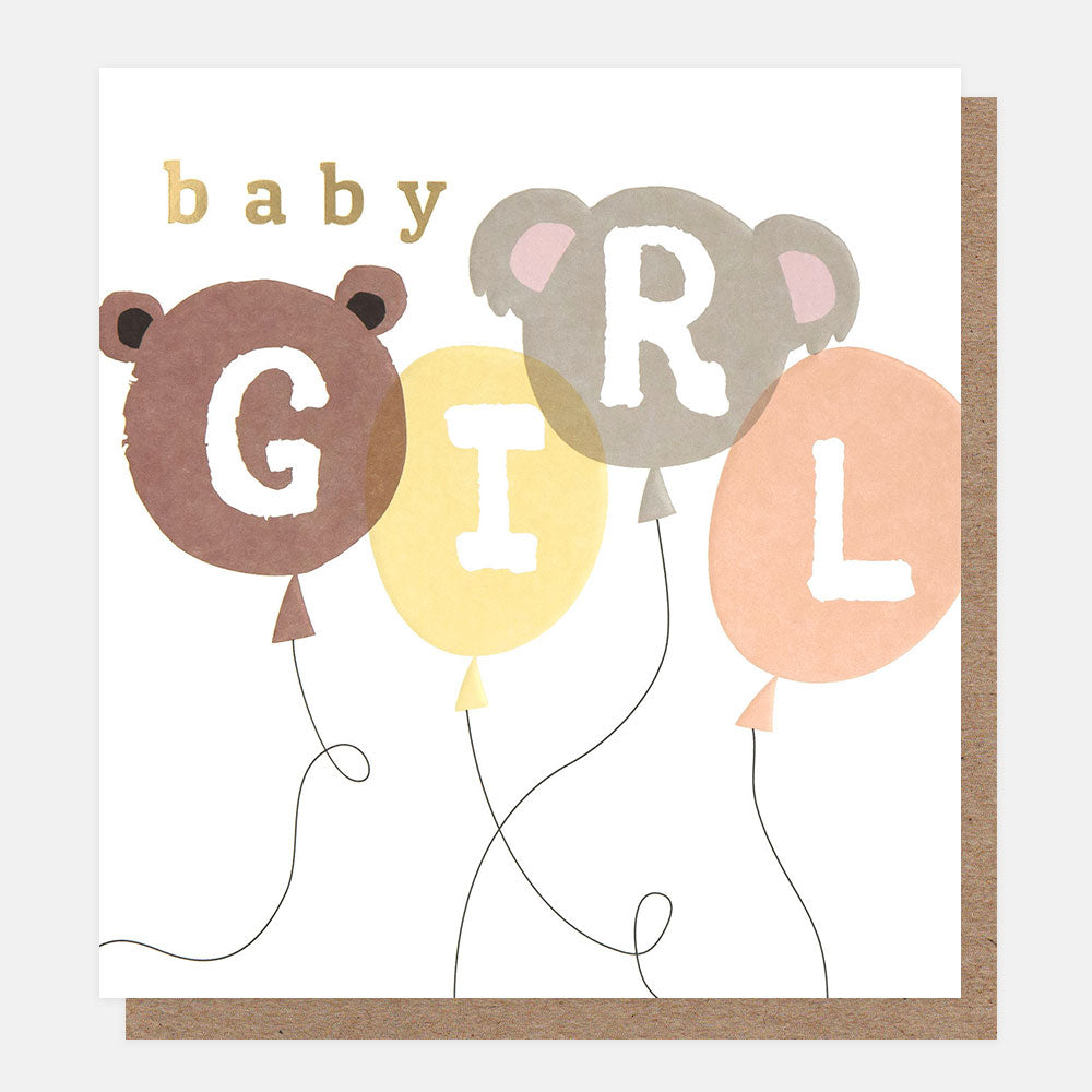new baby girl card featuring balloons in the shape of a bear and a koala