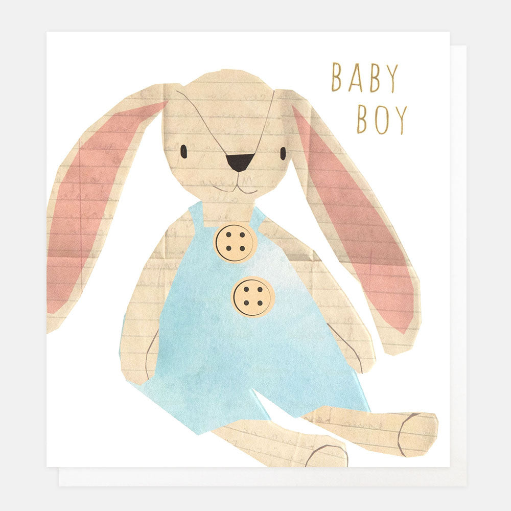 new baby boy card with a toy rabbit dressed in light blue dungarees with buttons