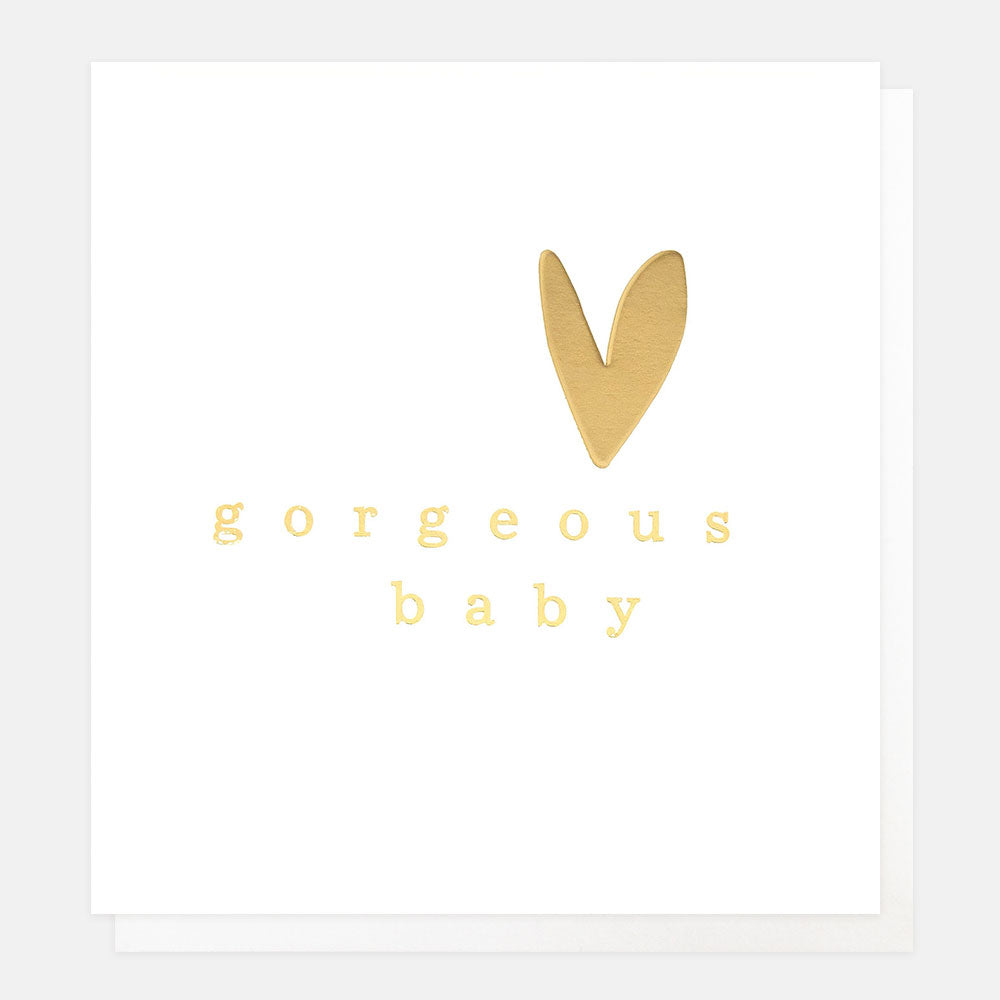 new baby card featuring a gold heart and the words 'gorgeous baby' in gold