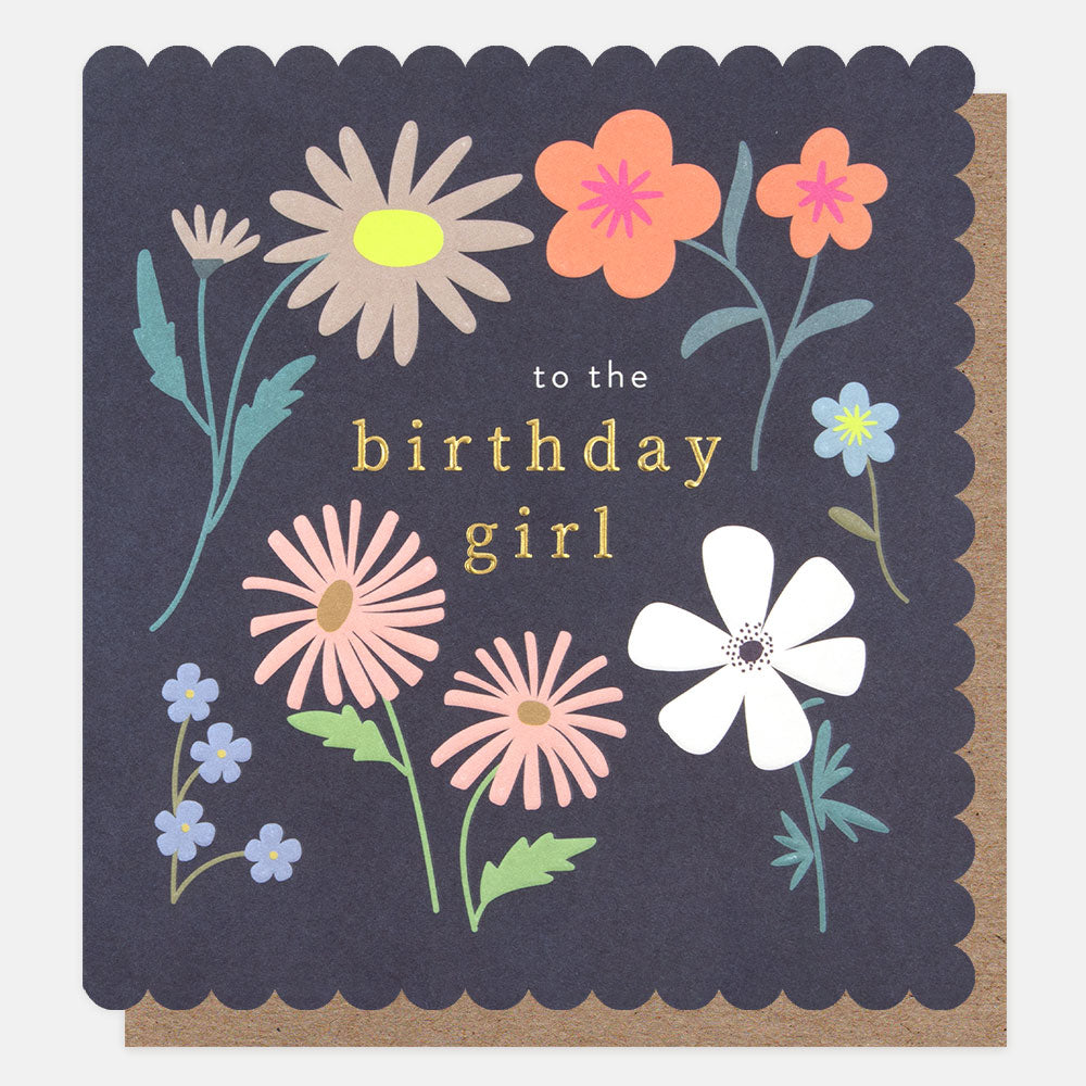 bright flowers on dark blue background to the birthday girl card
