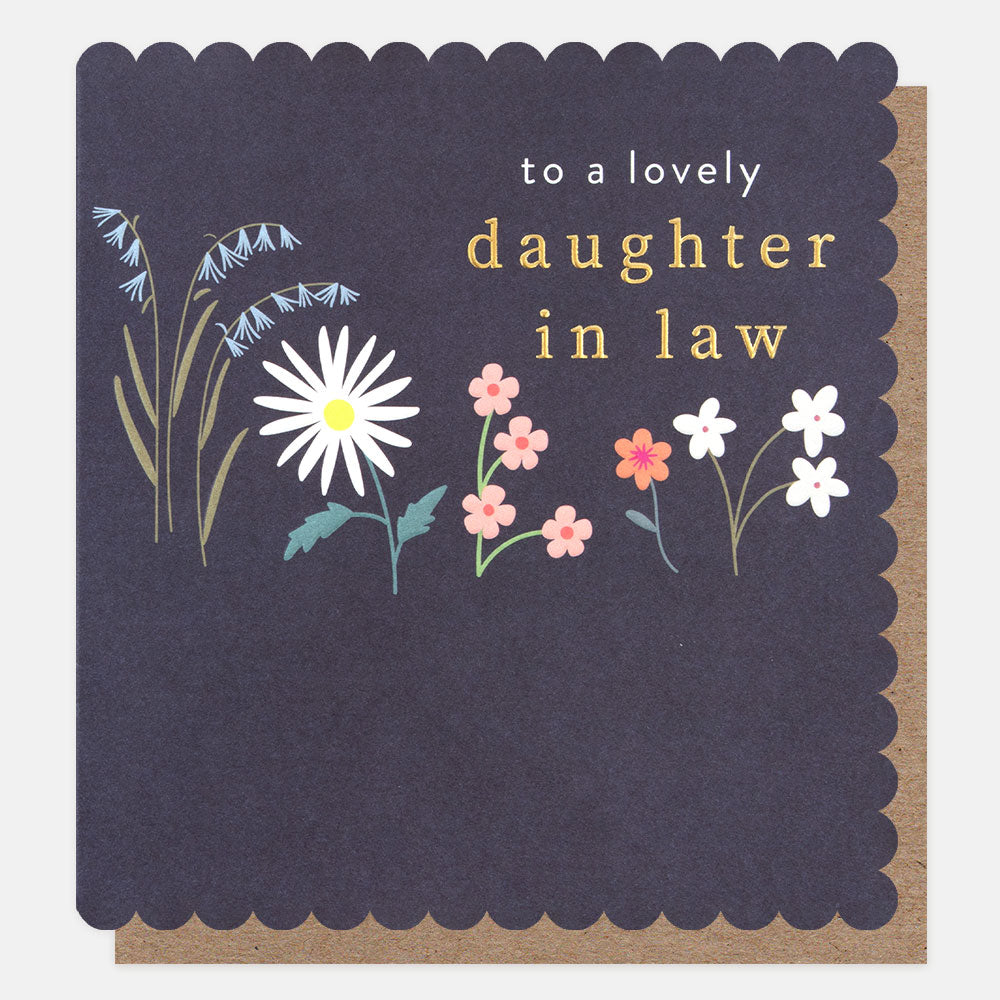meadow flowers on dark blue background 'to a lovely daughter in law' birthday card