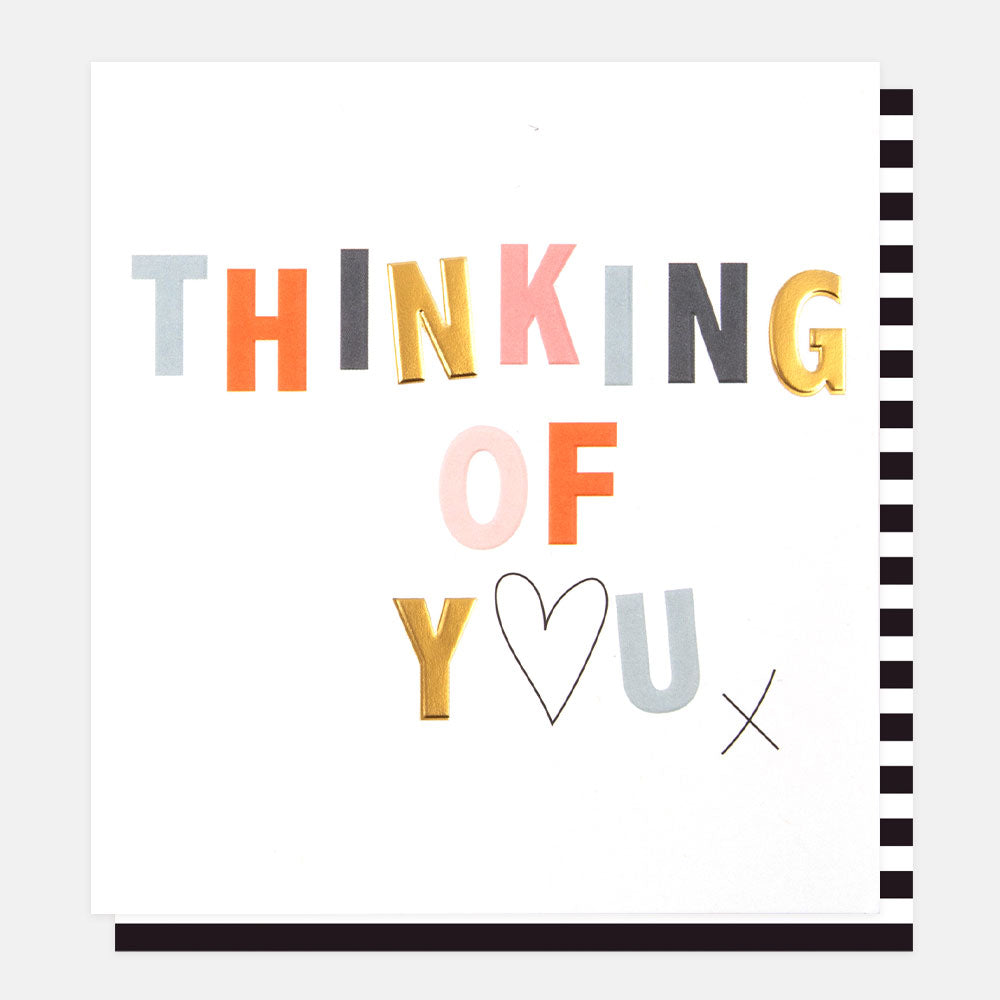bold text on white background 'thinking of you' card