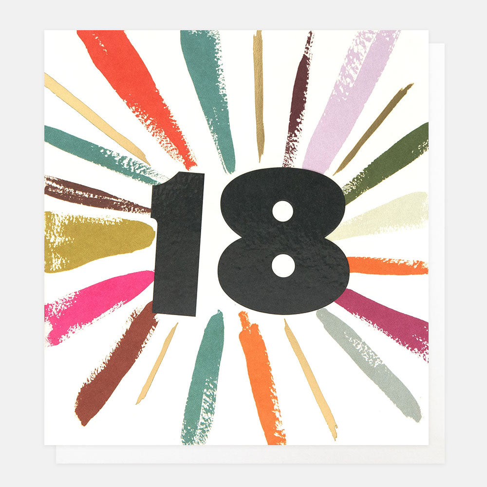 18th birthday card featuring a big number 18 with a burst of colourful rays around it
