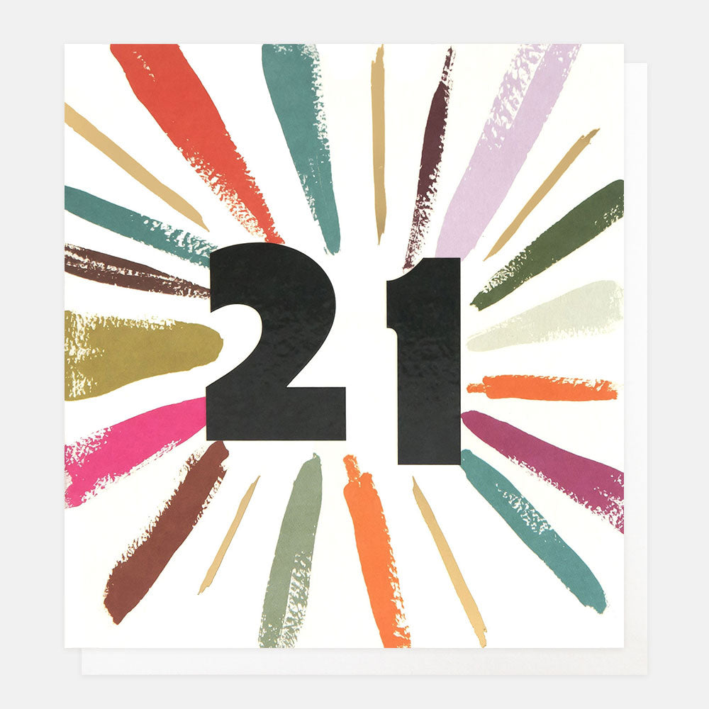 21st birthday card featuring a big number 21 with a burst of colourful rays around it