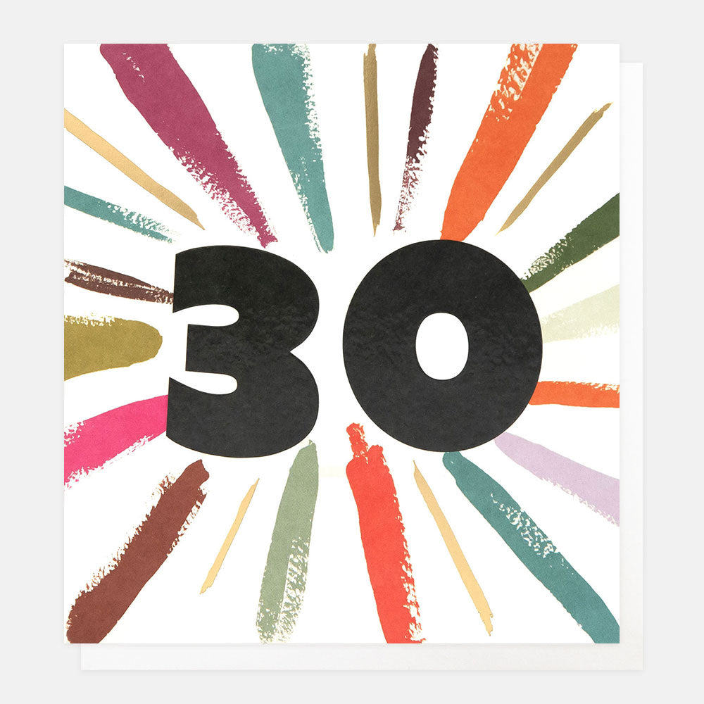 30th birthday card featuring a big number 30 with a burst of colourful rays around it