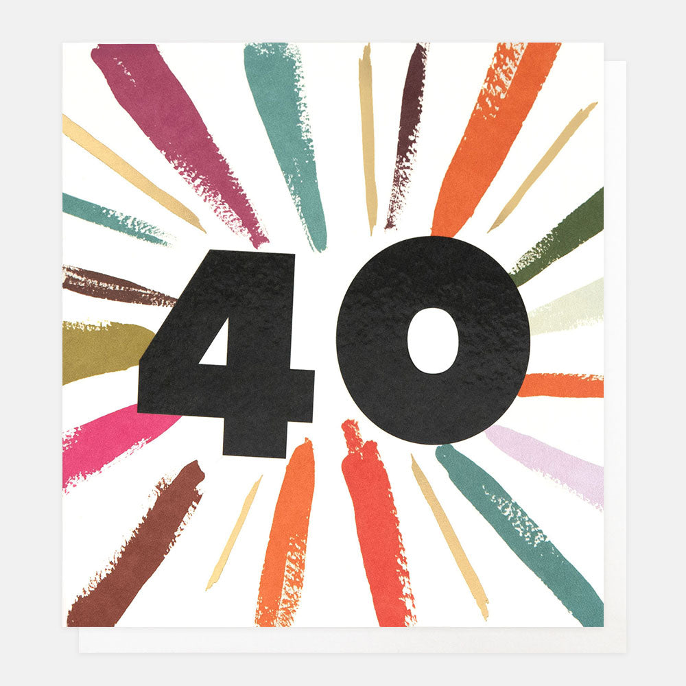 40th birthday card featuring a big number 40 with a burst of colourful rays around it