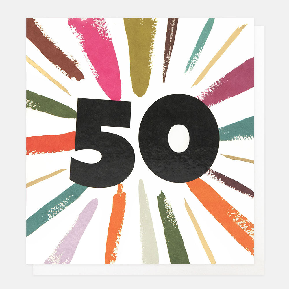 50th birthday card featuring a big number 50 with a burst of colourful rays around it