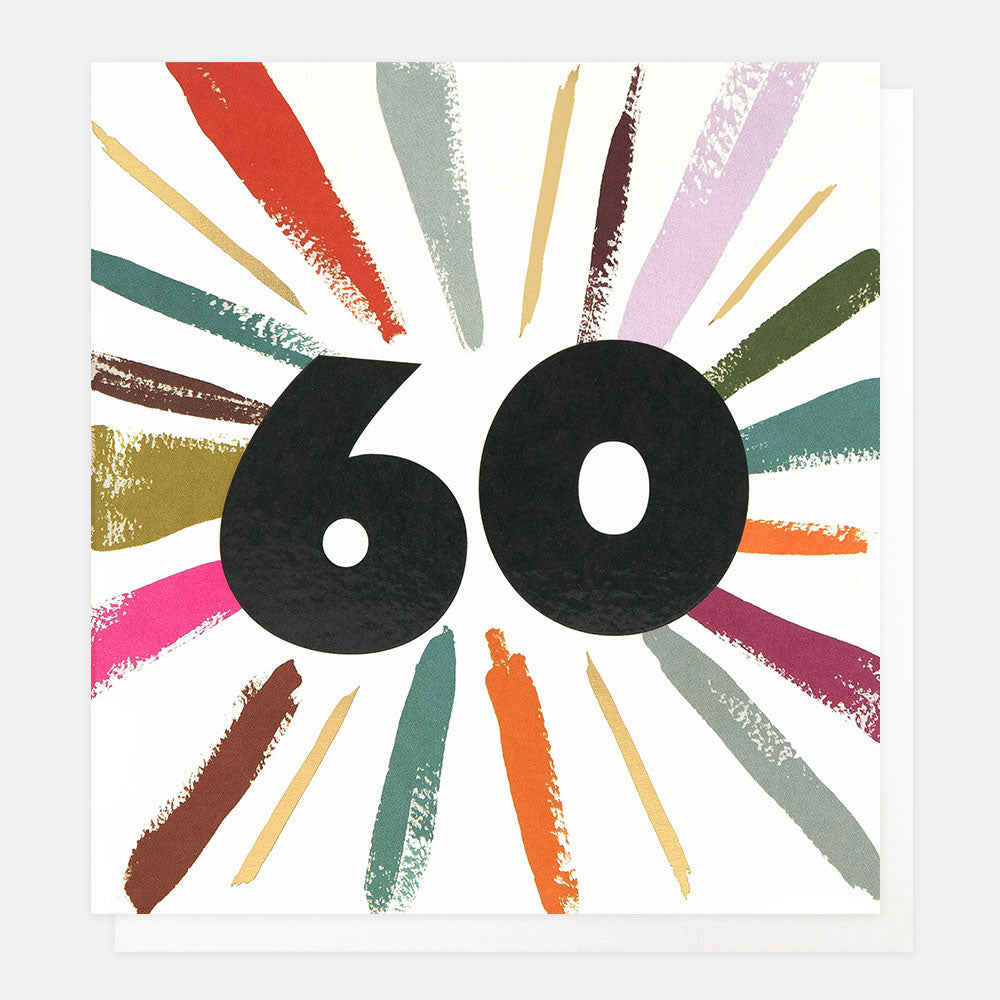60th birthday card featuring a big number 60 with a burst of colourful rays around it