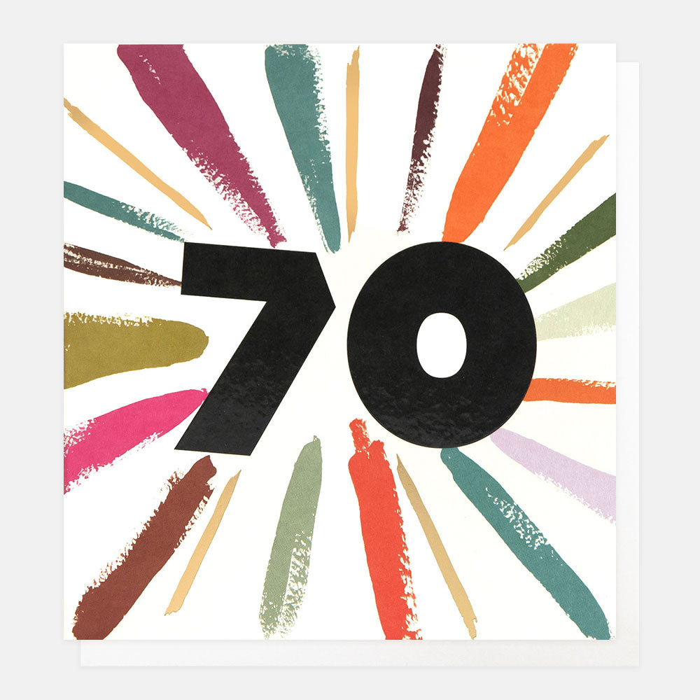 70th birthday card featuring a big number 70 with a burst of colourful rays around it
