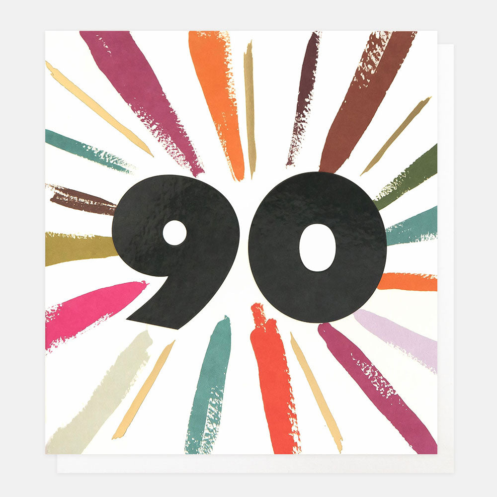 90th birthday card featuring a big number 90 with a burst of colourful rays around it