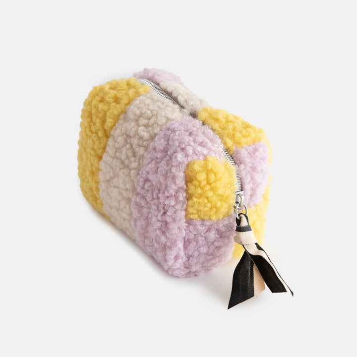 mini cube cosmetic bag in lilac, yellow  and cream borg with silver zip and monochrome grosgrain pull