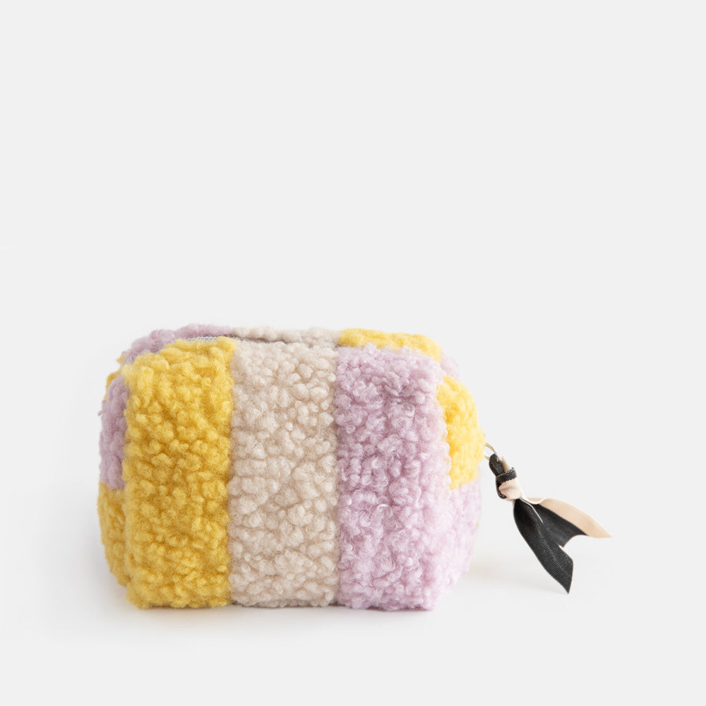 mini cube cosmetic bag in lilac, yellow  and cream borg with silver zip and monochrome grosgrain pull