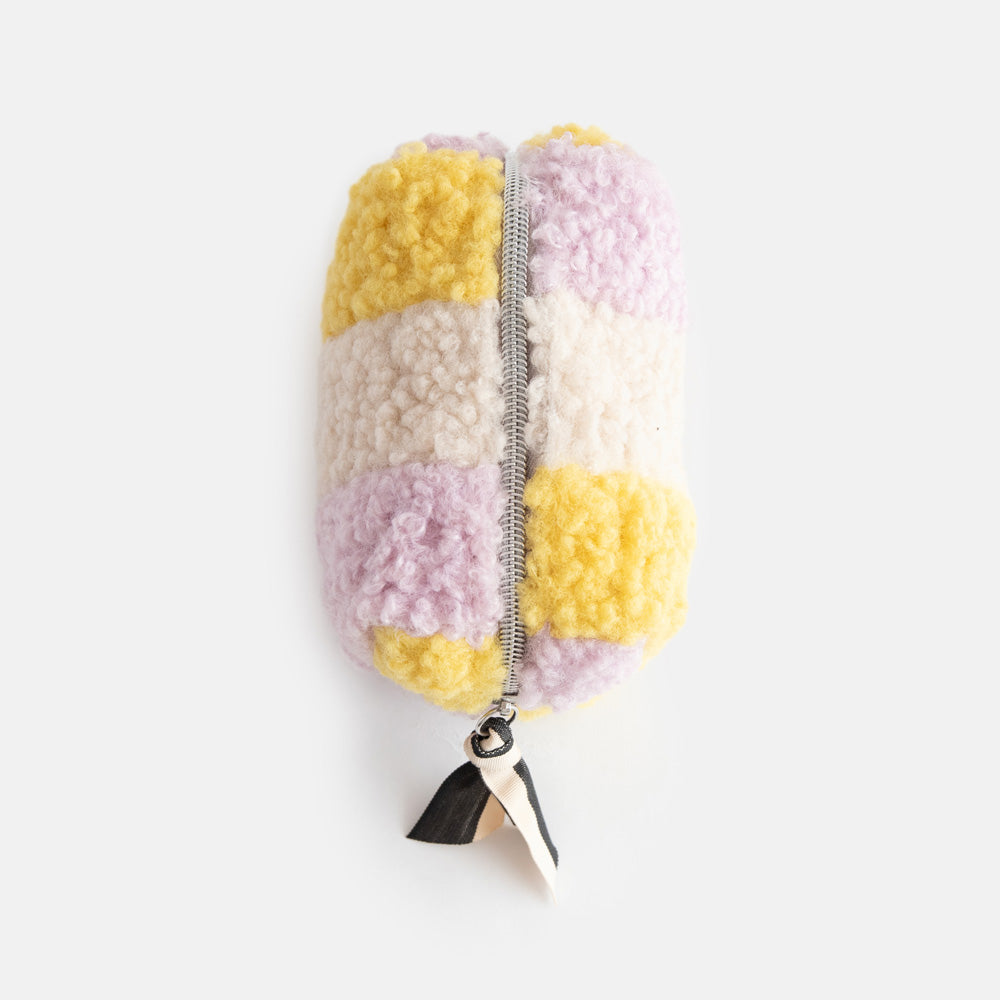 mini cube cosmetic bag in lilac, yellow  and cream borg with silver zip and monochrome grosgrain pull