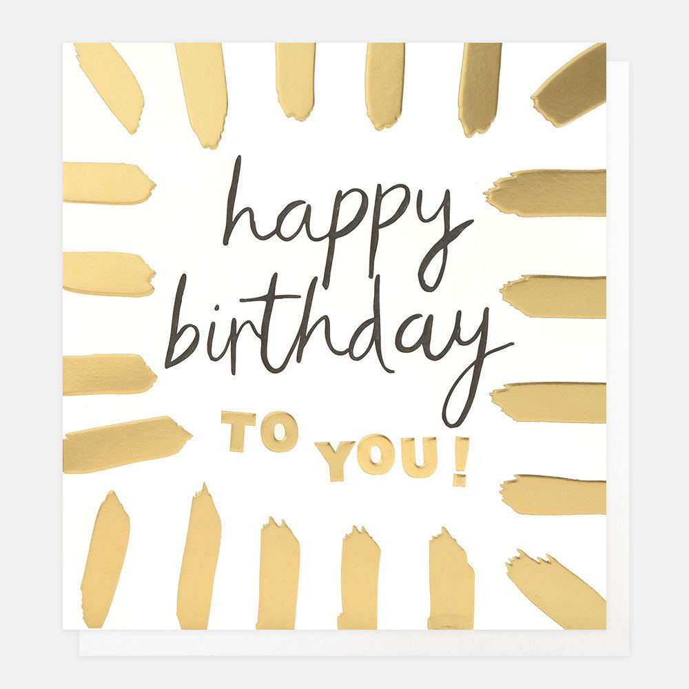 birthday card featuring a border of gold brushstrokes and the message 'happy birthday to you'