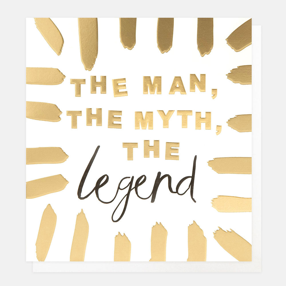 birthday, or father's day, card featuring a border of gold brushstrokes and the message 'the man, the myth, the legend'