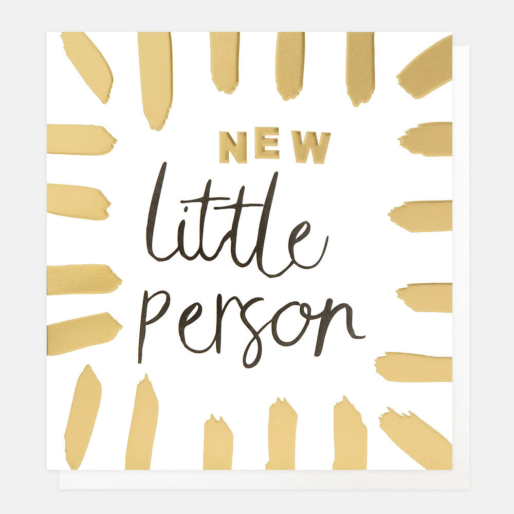 new baby card featuring a border of gold brushstrokes and the words 'new little person'