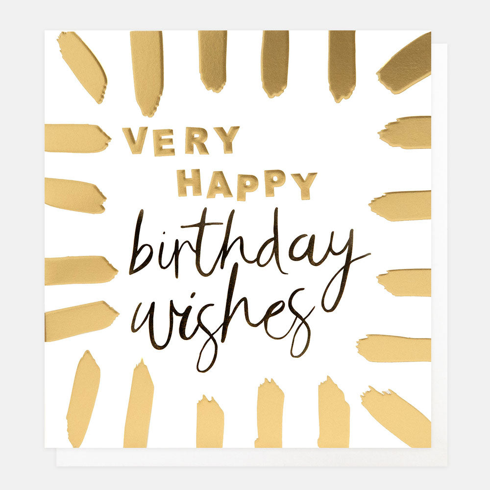 birthday card featuring a border of gold brushstrokes and the message 'very happy birthday wishes'