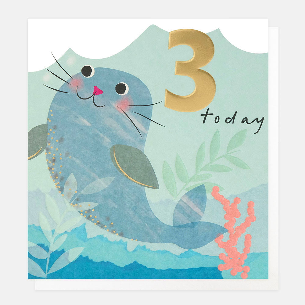 3rd birthday card featuring a hand drawn seal underwater with the words 3 today