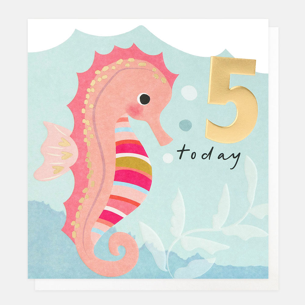 5th birthday card featuring a hand drawn pink seahorse with colourful stripy chest and the words 5 today