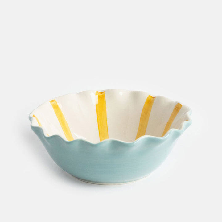 hand painted ceramic stoneware cereal bowl with baby blue outer, mustard stripe internal design and scalloped edges