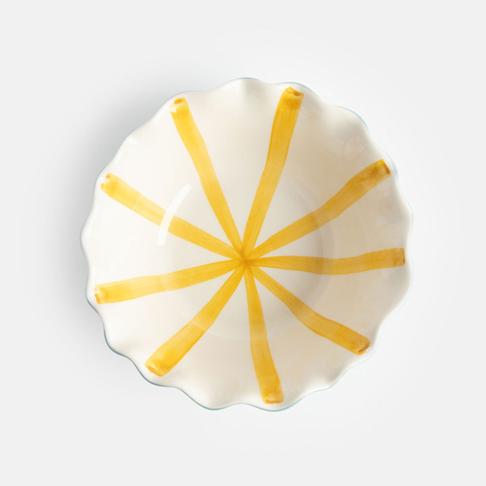 hand painted ceramic stoneware cereal bowl with baby blue outer, mustard stripe internal design and scalloped edges
