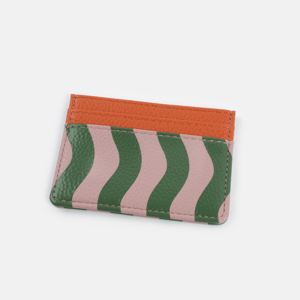 pink and green leather look card holder purse with orange contrast