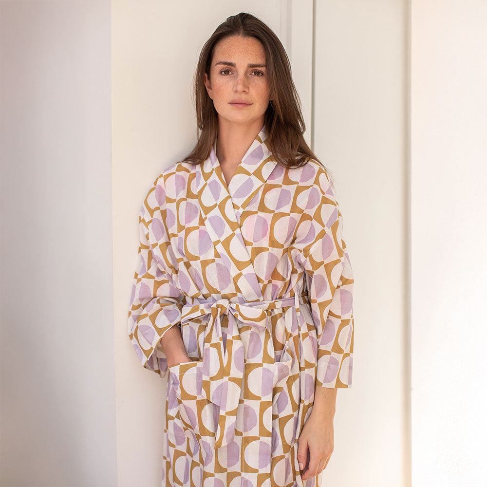 lilac & moss green geometric circles print cotton dressing gown