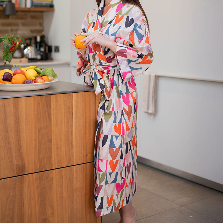 multi coloured checked hearts print cotton dressing gown