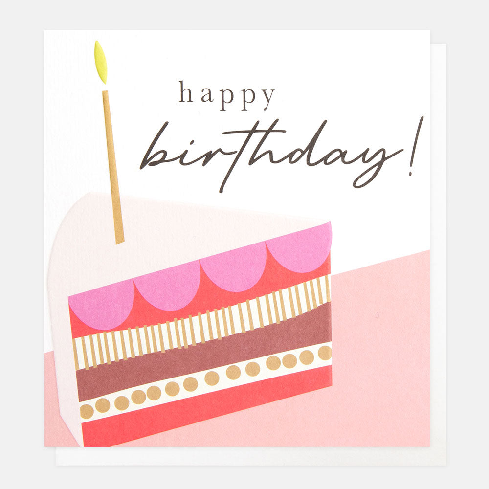 colourful layered slice of cake with a candle happy birthday card