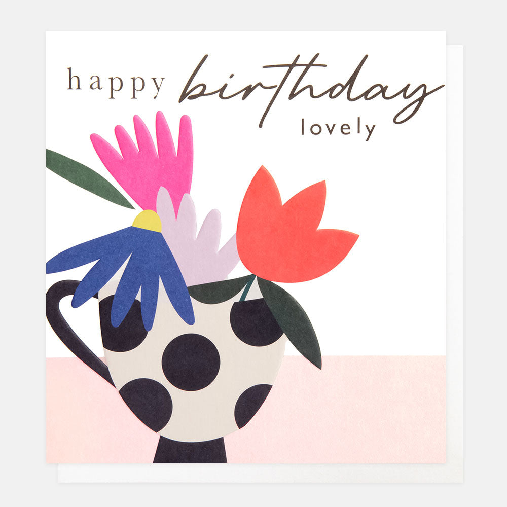 colourful flowers in a spotty mug happy birthday lovely card