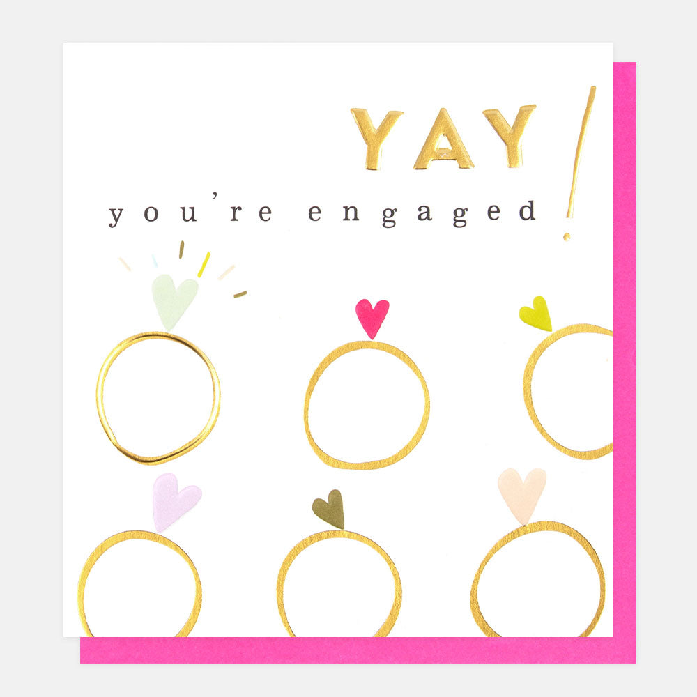 gold rings and hearts 'yay you're engaged' card