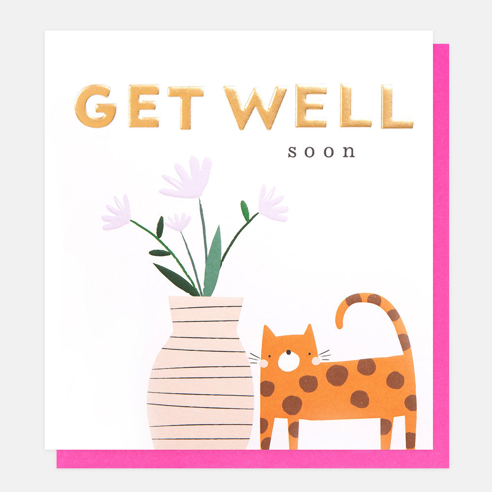 cat with flowers in a vase get well soon card