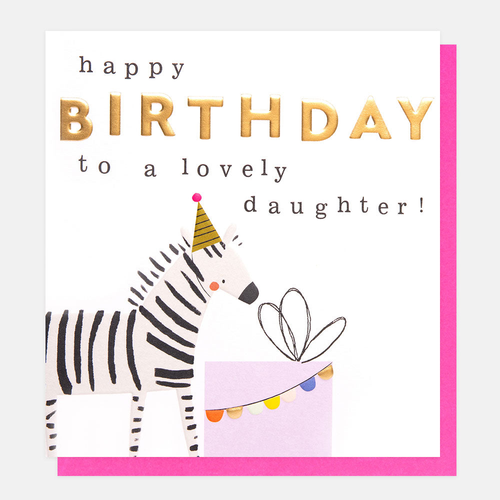 zebra in a party hat 'happy birthday to a lovely daughter' card