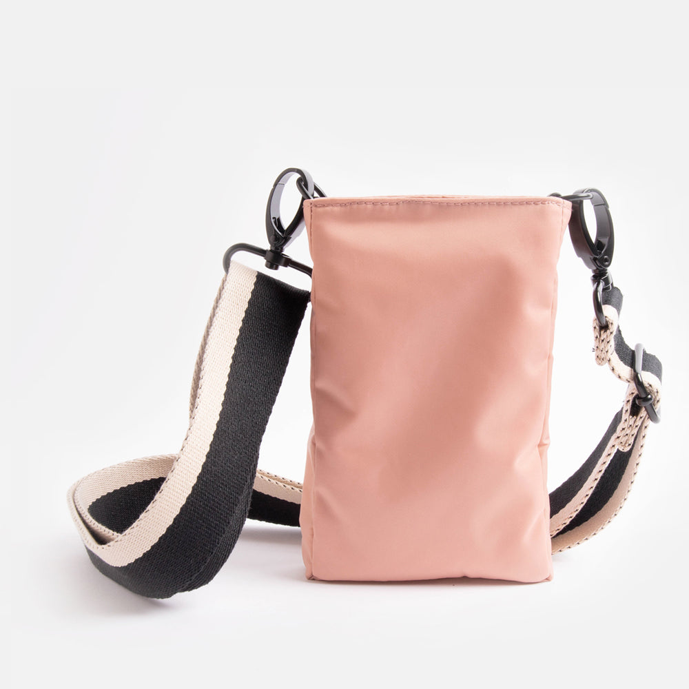 pink padded polyester phone bag with black & white webbing strap