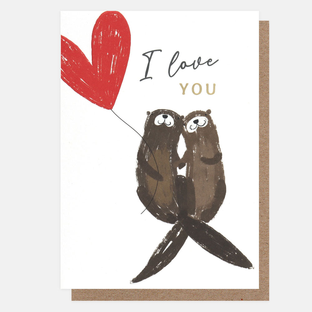 otters with red love heart balloon i love you card for anniversary or valentine's day