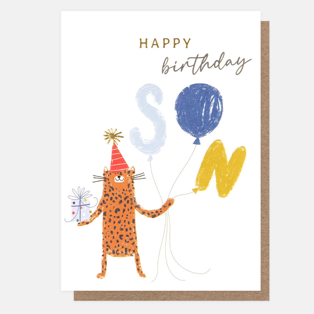 cat in a party hat holding balloons happy birthday son card