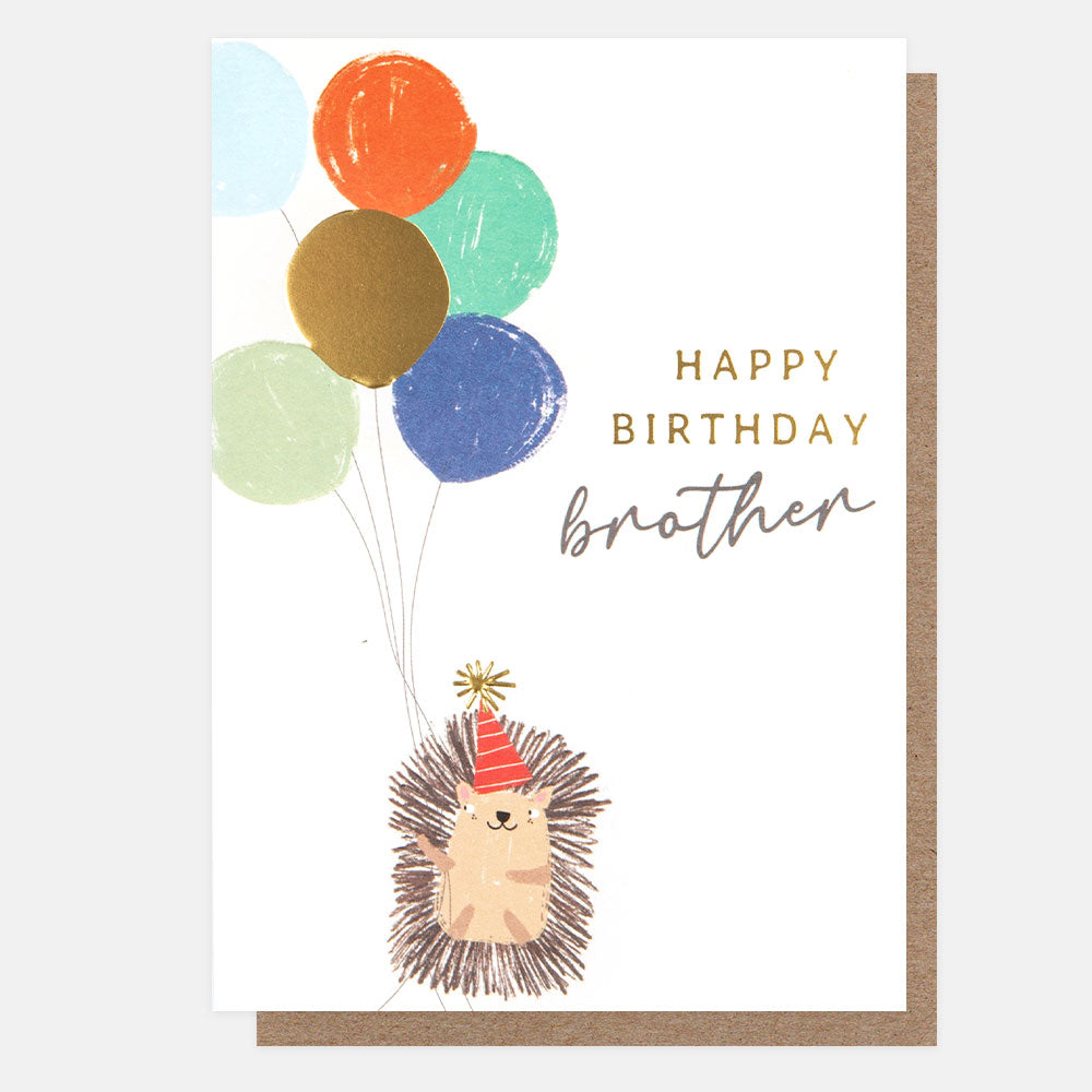 hedgehog with colourful balloons happy birthday brother card