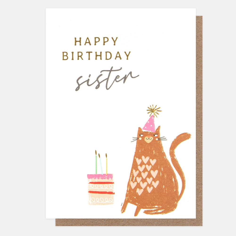 cat with a cake happy birthday card for sister