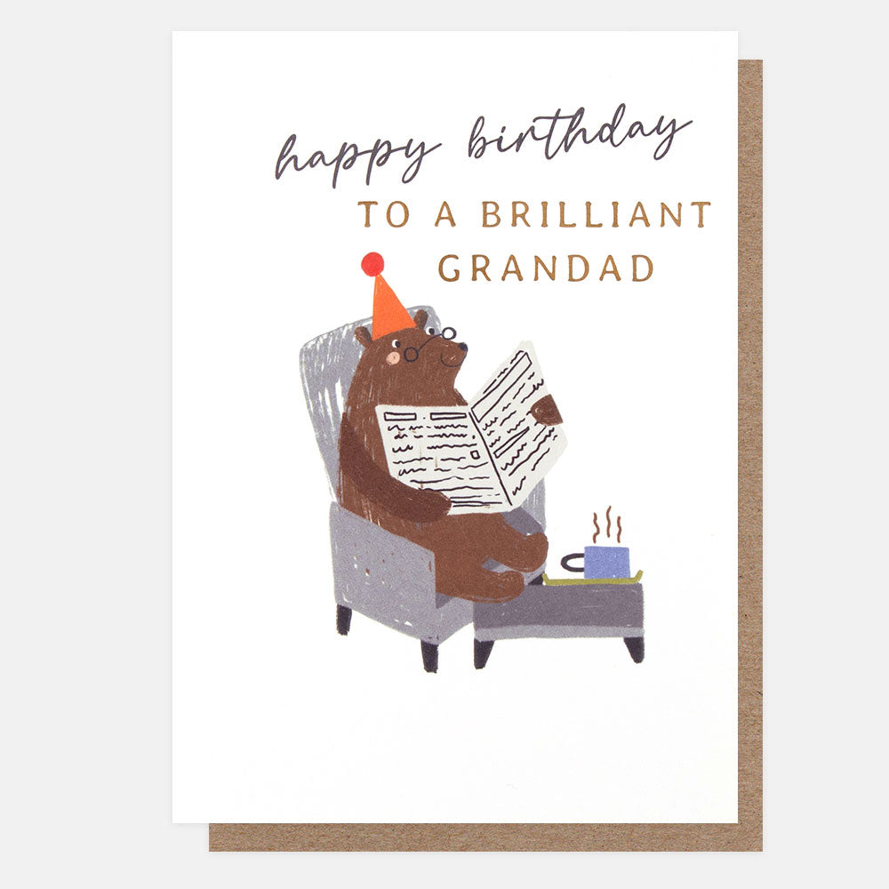 bear reading a newspaper 'happy birthday to a brilliant grandad' card