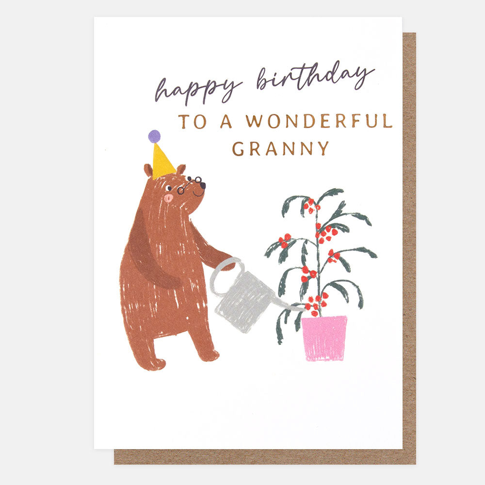 bear watering a tomato plant 'happy birthday to a wonderful granny' card
