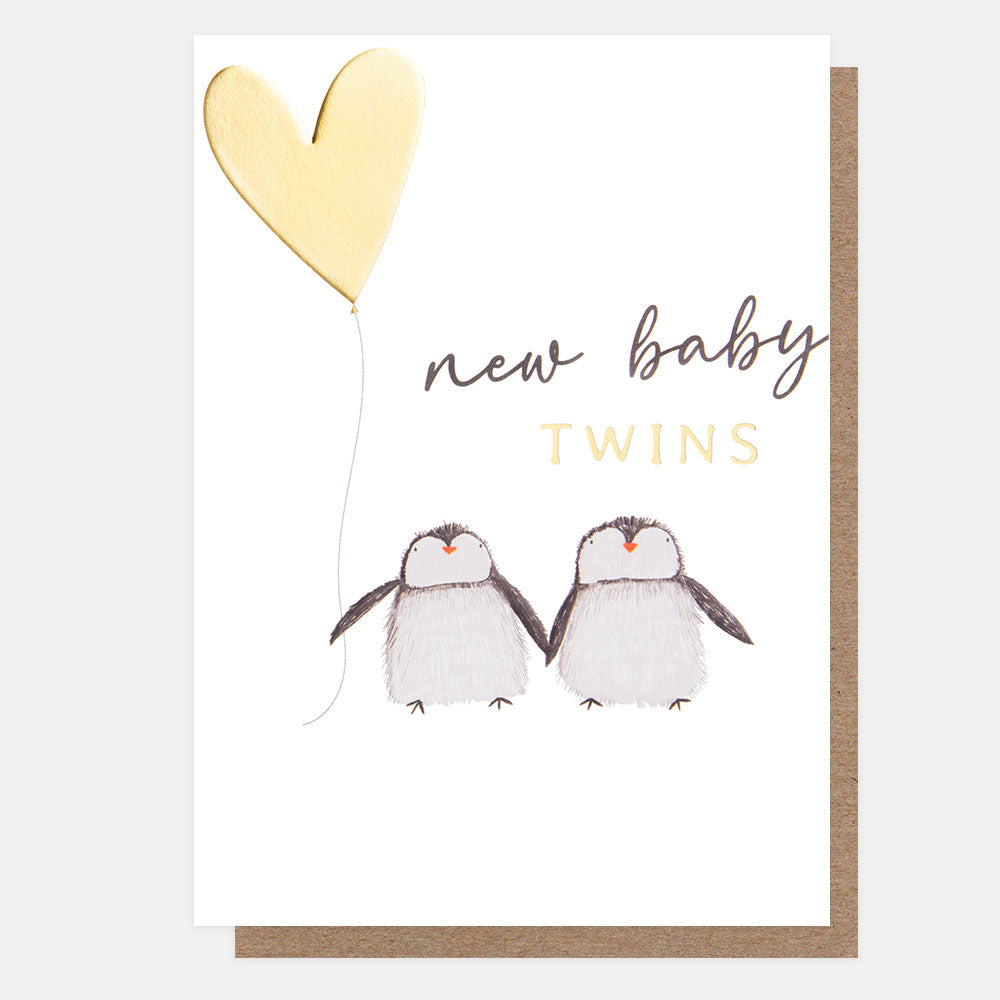 penguins holding a gold heart balloon new baby twins card