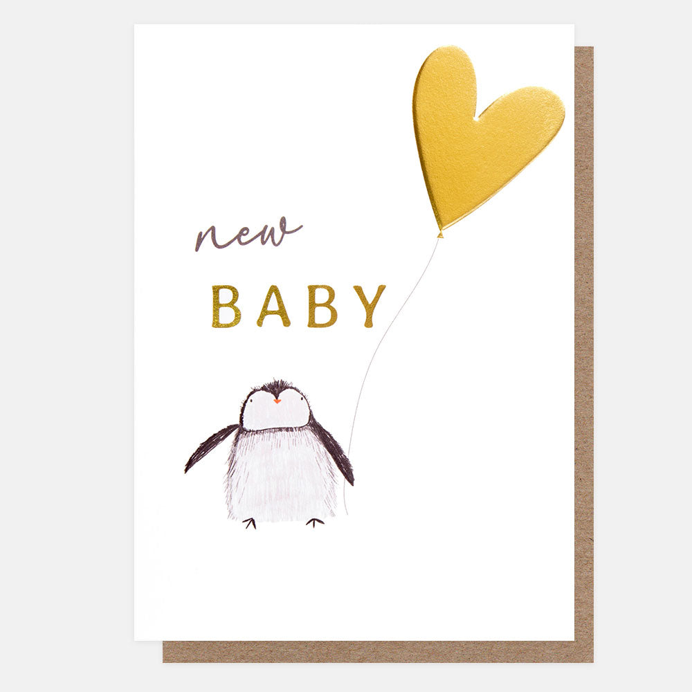penguin with a gold heart balloon new baby card